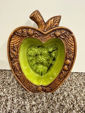 Green Ceramic Apple Accent Dish with Carved Wood-Style Frame